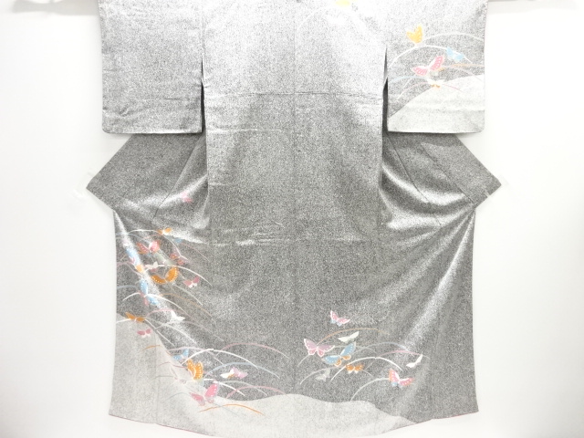 JAPANESE KIMONO / HOMONGI / SILK / EMBROIDERY / GRASS & BUTTERFLY